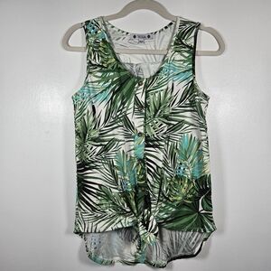 Wilde Green White Tropical Palm Leaf Tie Waist Button Down Tank Top Size Small